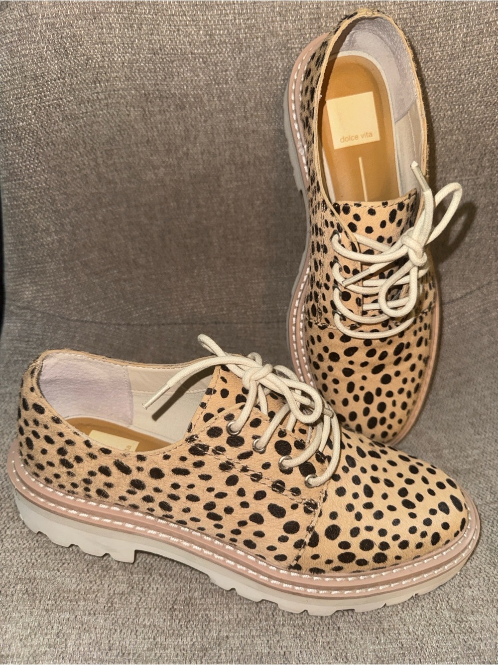 Dolce Vita Pony Hair Leopard Print Lace-Up Oxfords - Tan/Black size 8
